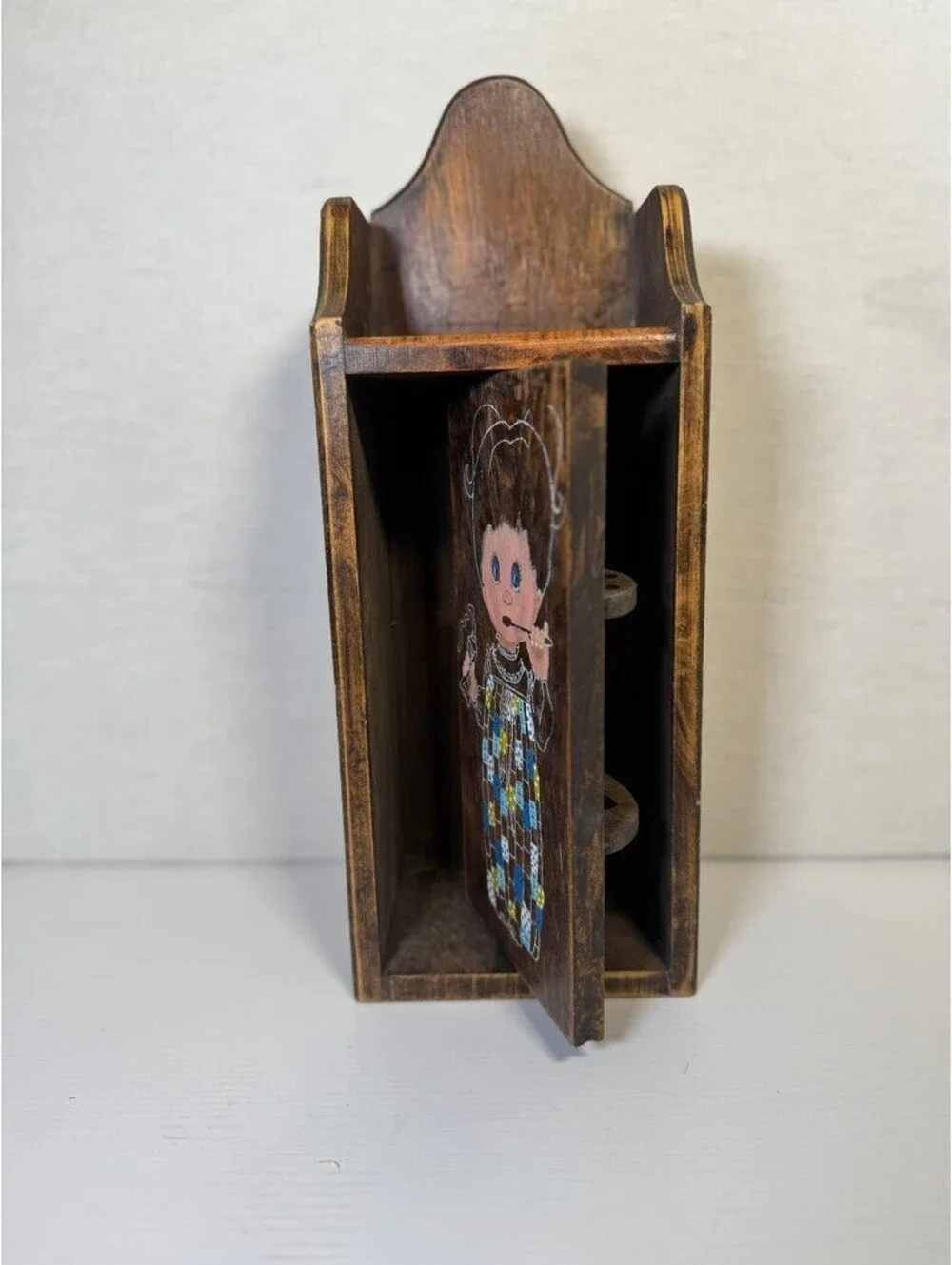 Vintage Wooden Toothbrush Cabinet with Hand-Painted Doll Wall Mounted Free Stand